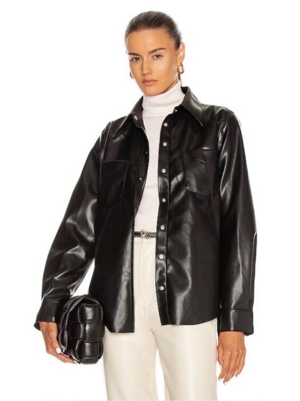AGOLDE Paloma Vegan Leather Shirt Jacket Shacket Black Snap Front Shacket XL